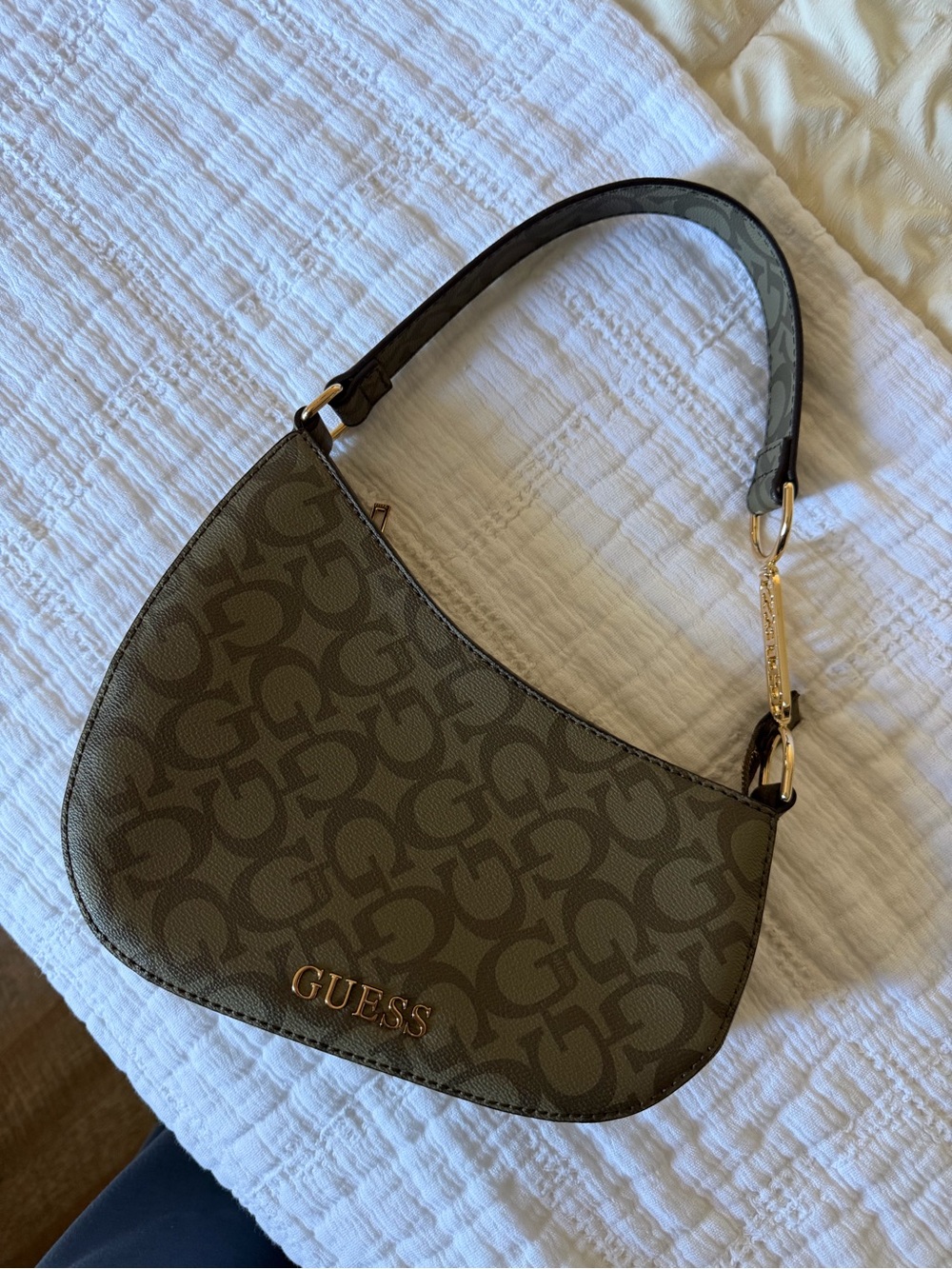 GUESS Olive Monogram Shoulder Bag with Gold Hardware
